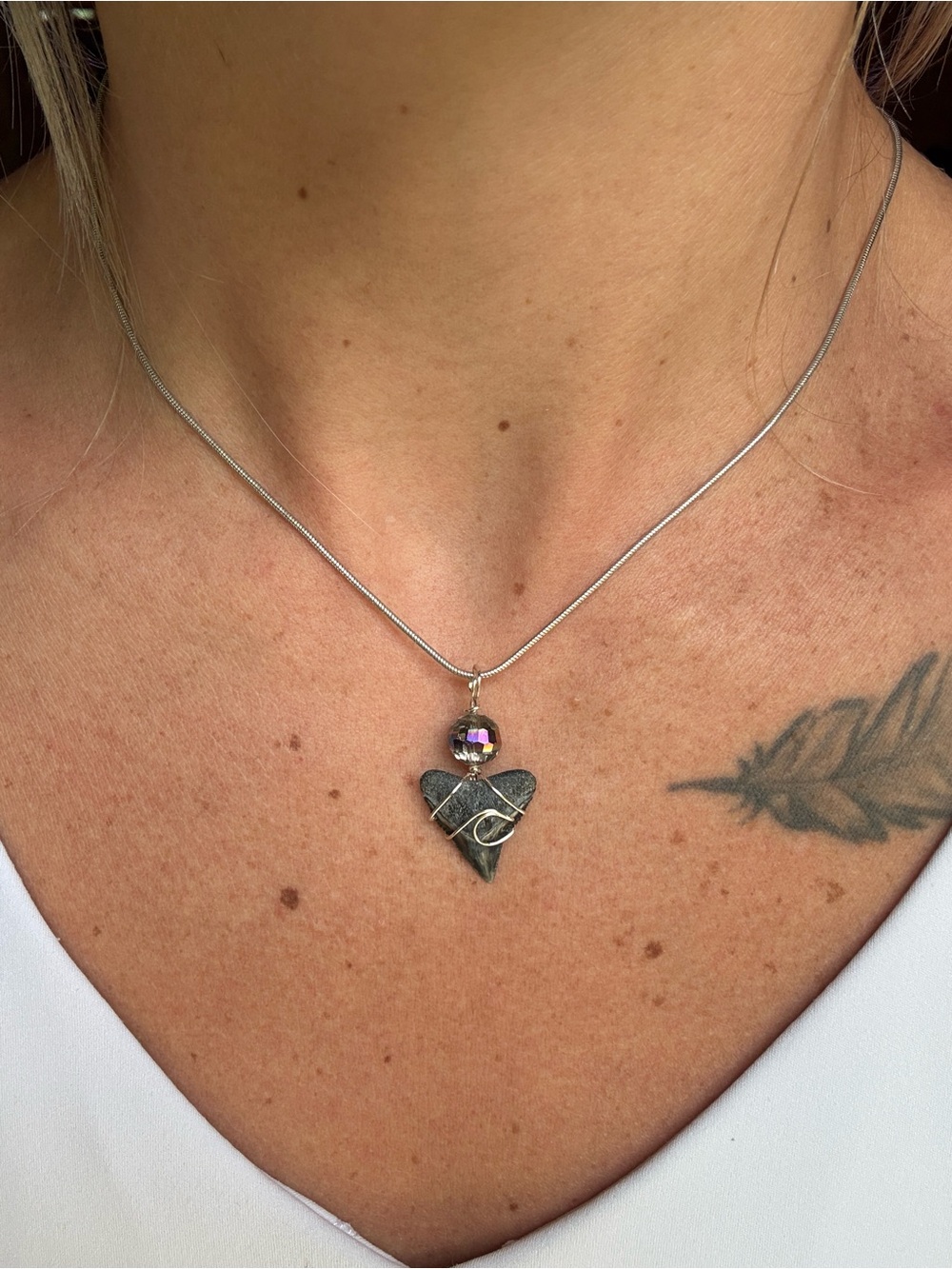 Handmade Silver Wave Wire Wrapped & Glass Bead Authentic Shark Tooth Necklace
